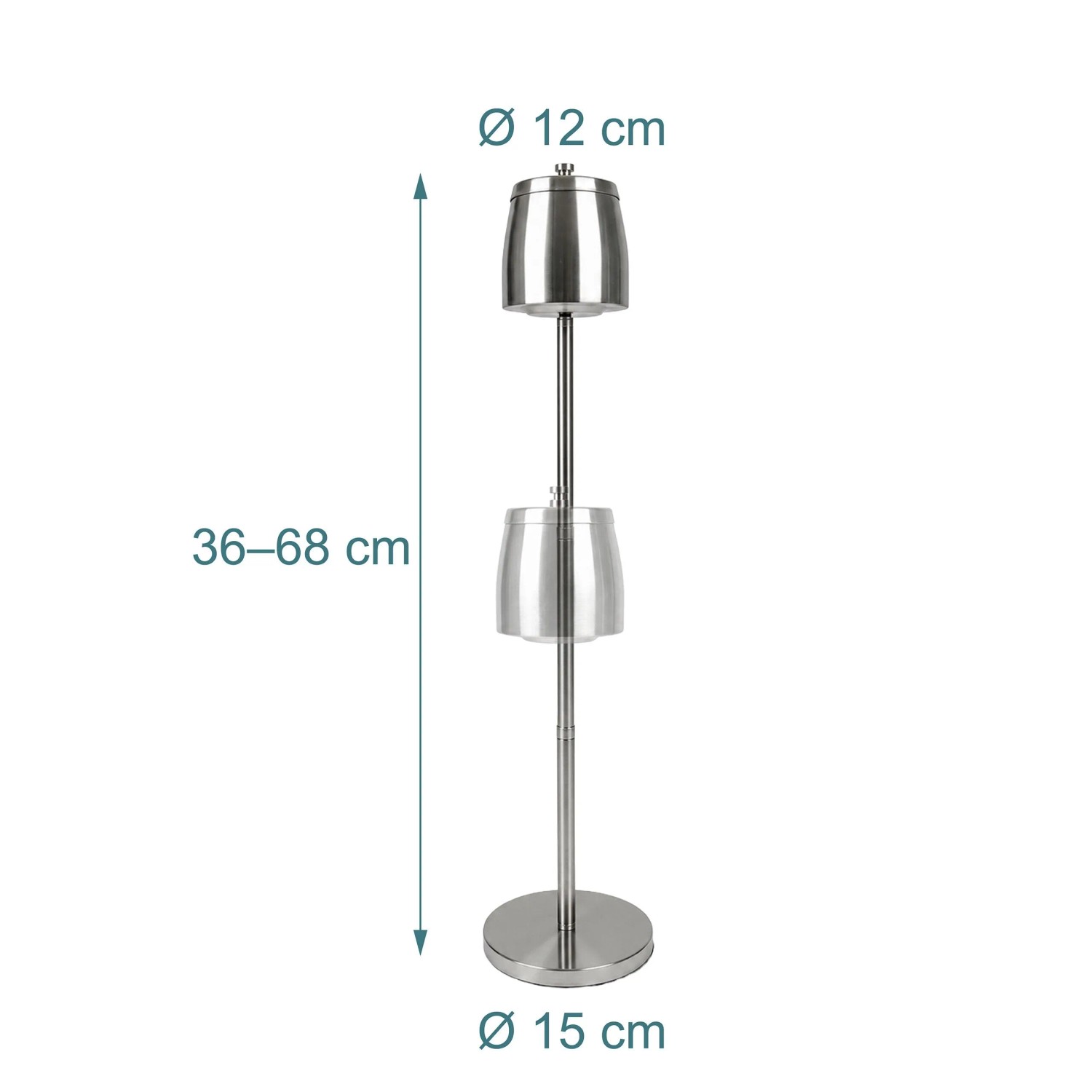 Silberner Relaxdays Standaschenbecher aus Edelstahl, höhenverstellbar 36-68 cm, mit Teleskopstange und rundem Fuß.