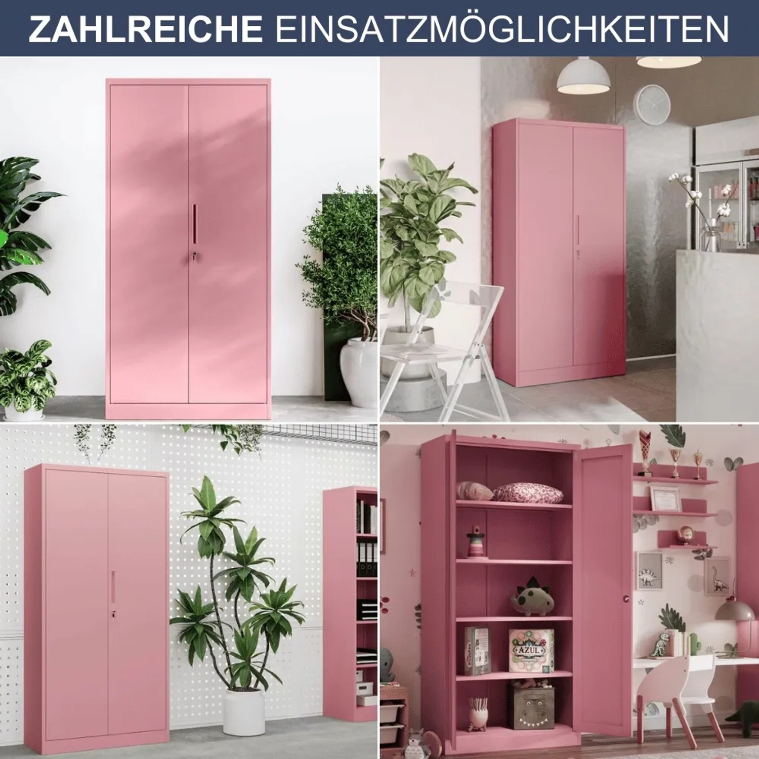 DELUKE Aktenschrank KADO, rosa, mit Flügeltüren, verschiedene Nutzungsszenarien.