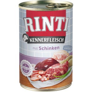 Rinti Kennerfleisch Schinken, Hundenassfutter Dose mit Fleischstücken und Schinken.