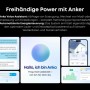 Anker Solix App mit Anka Sprachassistent für Energiesteuerung. Solarbank Überwachung auf Smartphone, zeigt Erzeugung und Verbrauch.