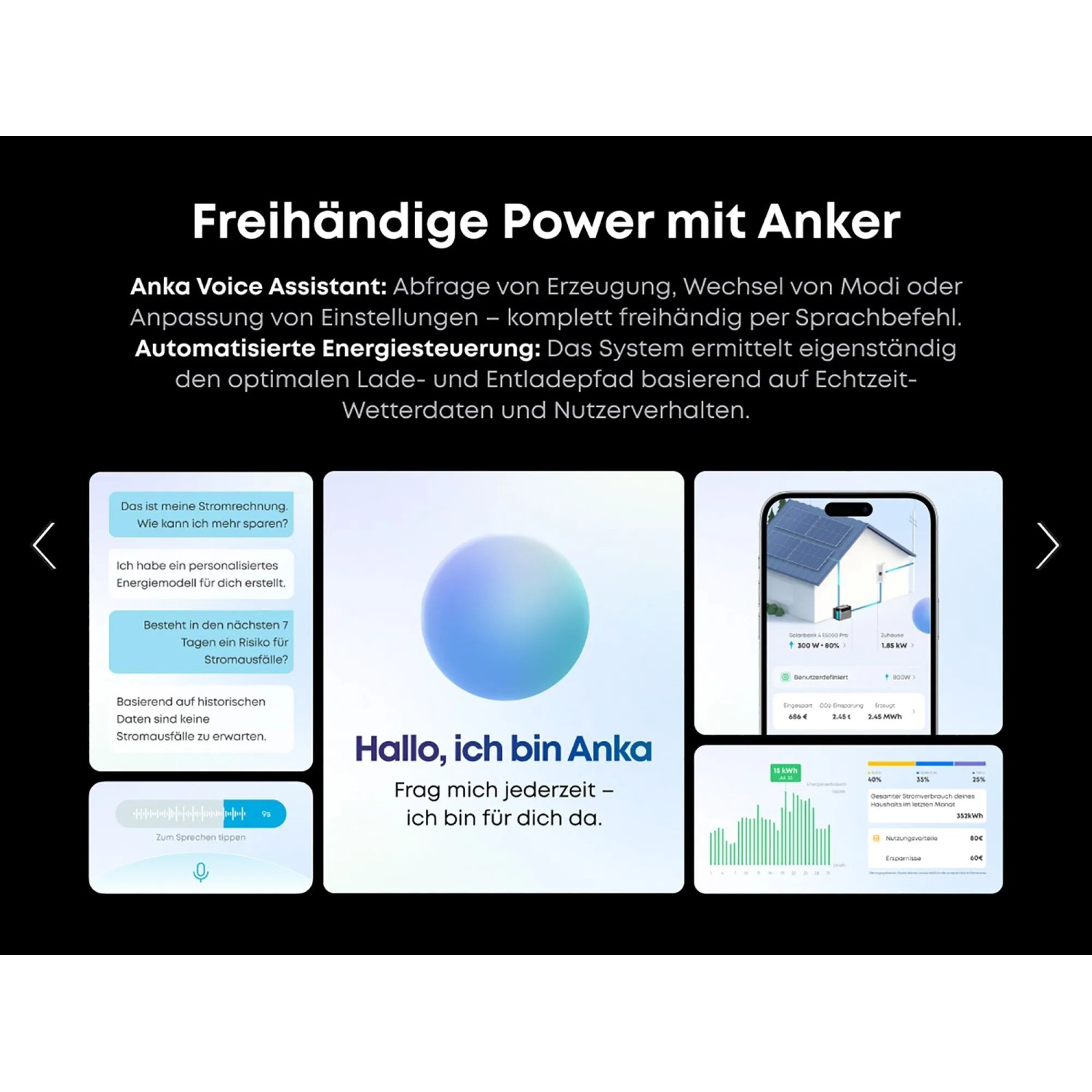 Anker Solix App mit Anka Sprachassistent für Energiesteuerung. Solarbank Überwachung auf Smartphone, zeigt Erzeugung und Verbrauch.
