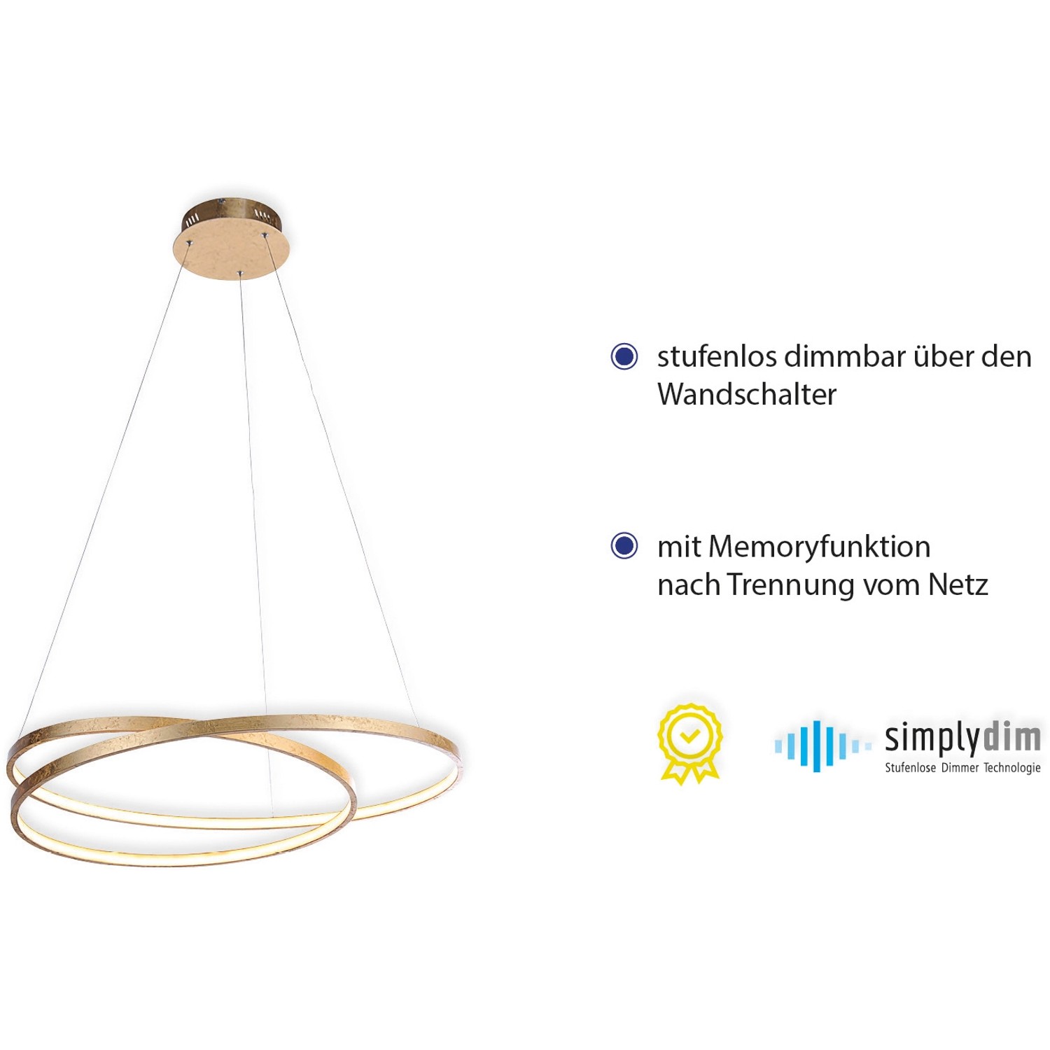 Goldene LED-Pendelleuchte Roman von Paul Neuhaus, dimmbar, Ø 72 cm.