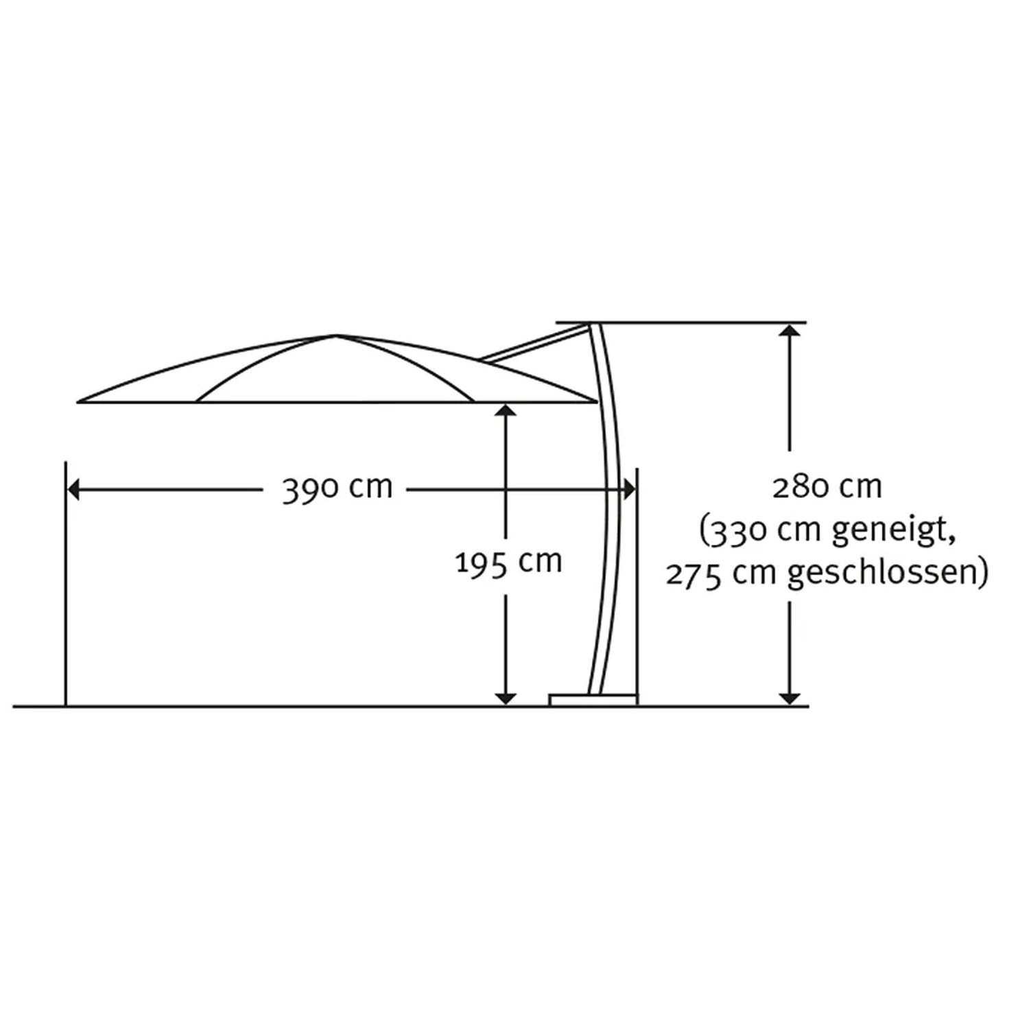 Skizze Schneider Ampelschirm Rhodos Ø 350 cm, Maße: 390x280 cm, Neigung & geschlossen 330/275 cm