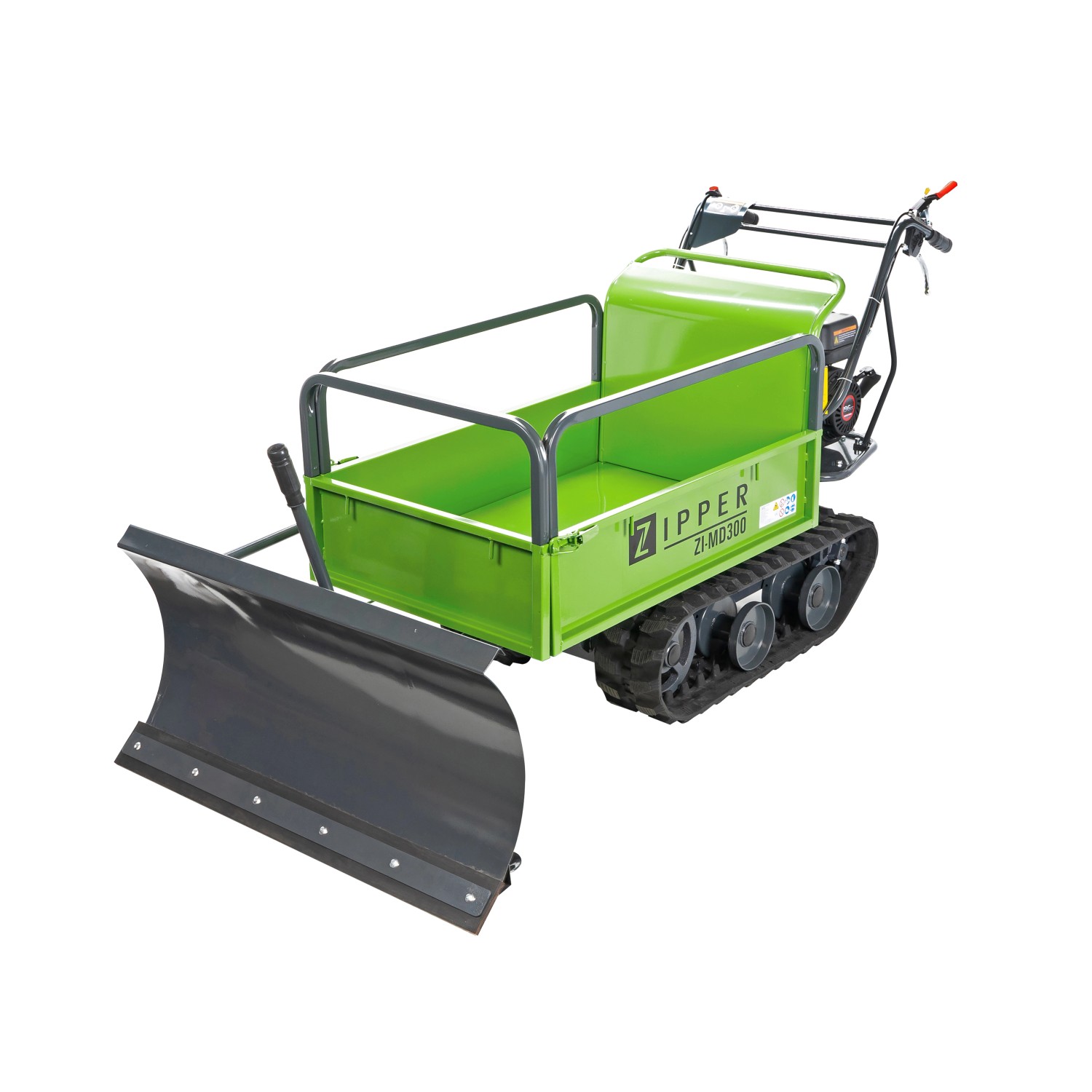 Zipper Miniraupendumper ZI-MD300 mit Schneeschild, 300 kg Nutzlast. Baumaschine für Schüttguttransport.