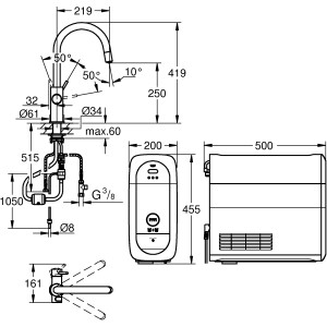 Technische Zeichnung: Grohe Blue Home Starter Kit mit Armatur, Kühler und CO2-Flasche mit Maßen.