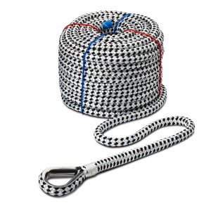 Seilflechter Ankertau Taifun, 16 mm, mit Kausche aus Edelstahl. Weißes Seil aufgerollt.
