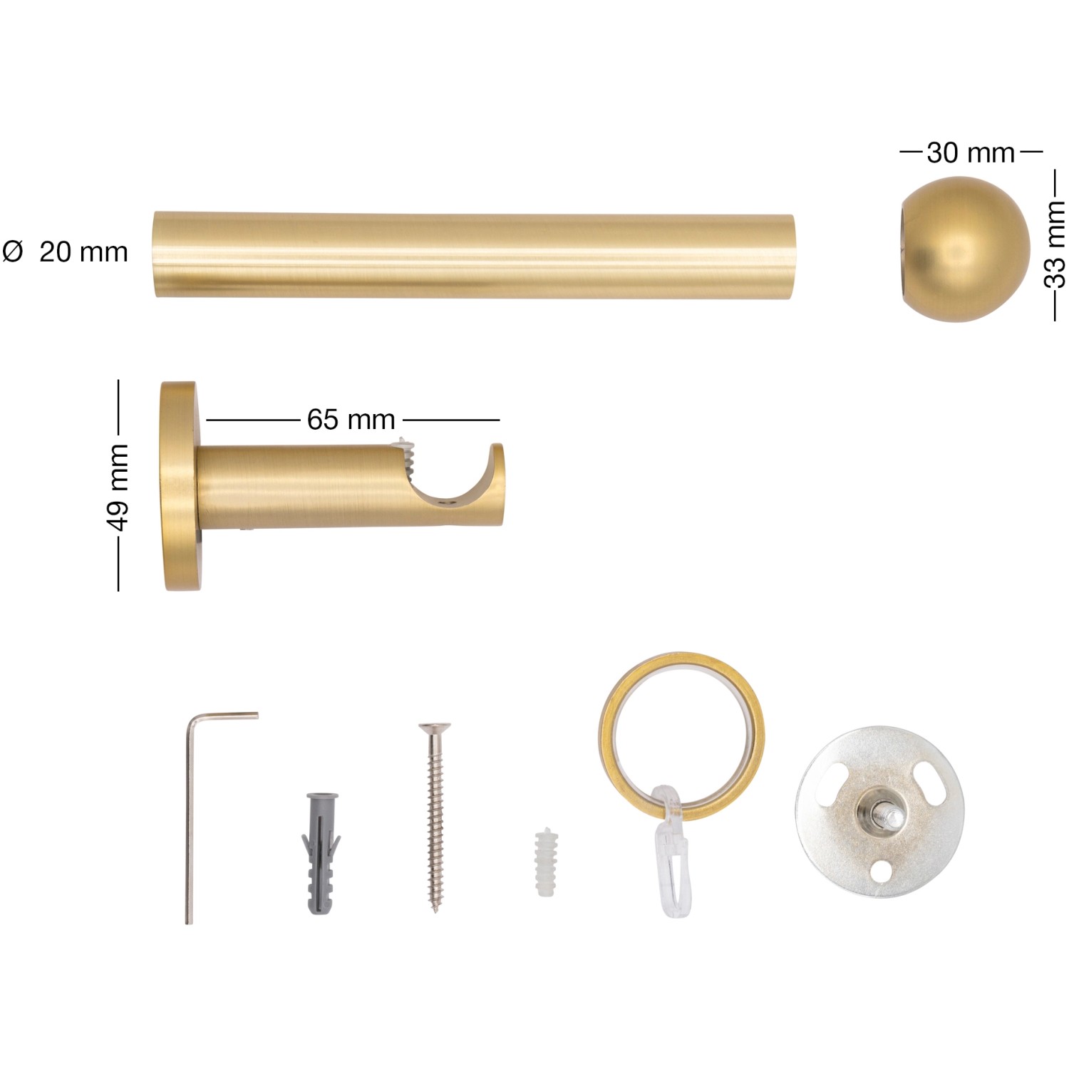Mydeco Gardinenstange Messing, 100cm, mit Endstück Ball und Zubehör.