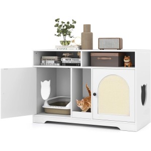 Weißer Katzenschrank mit Doppelräumen, integriertem Katzenklo und Sisal-Kratzmatte. Eine Katze schaut heraus.