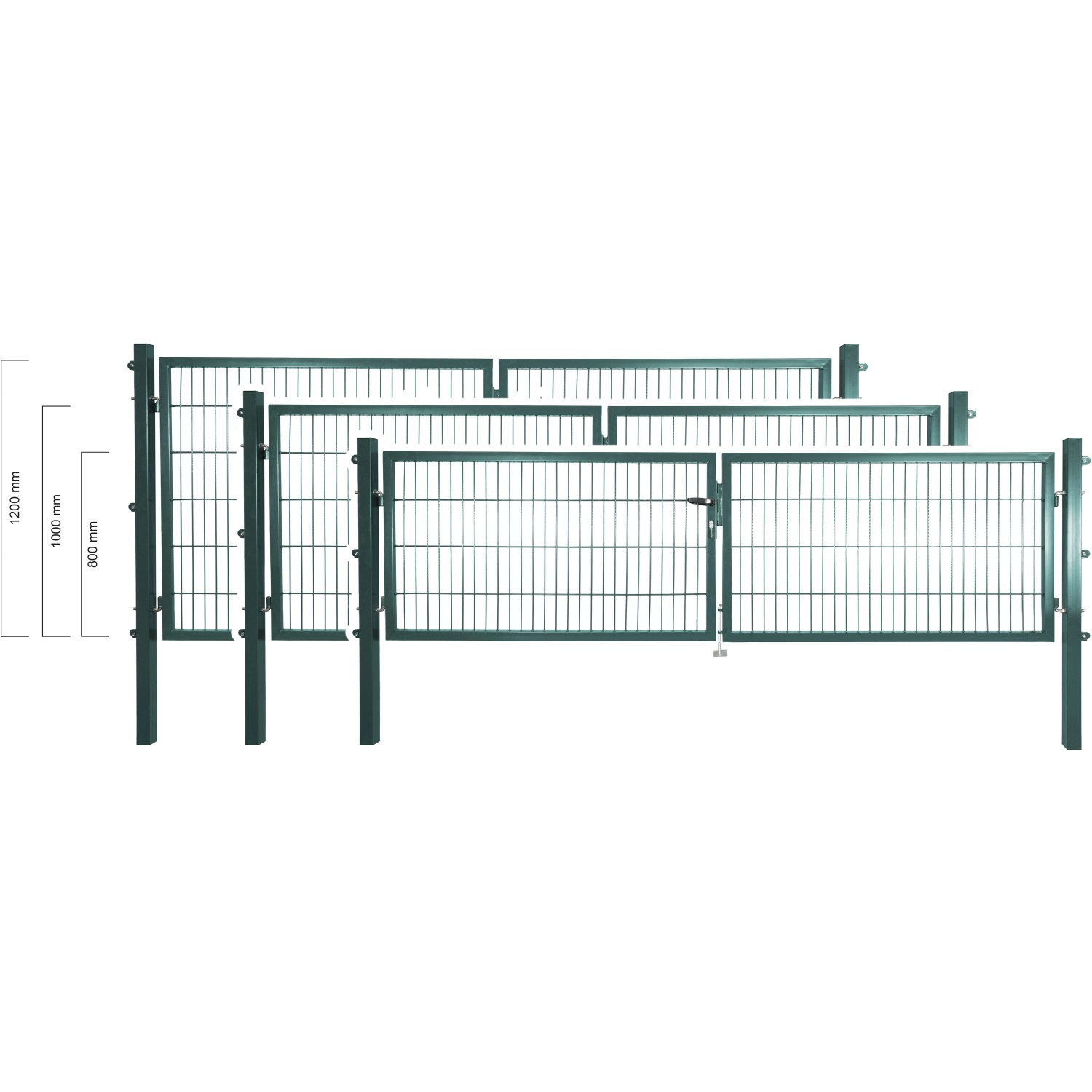 Grünes Solid Doppeltor aus Stahl mit Doppelstabmatten-Füllung, 100x300 cm, für den Garten.