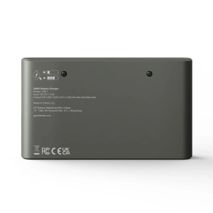 Rückseite des GP E821 Akku-Ladegeräts mit technischen Details und Zertifizierungen.
