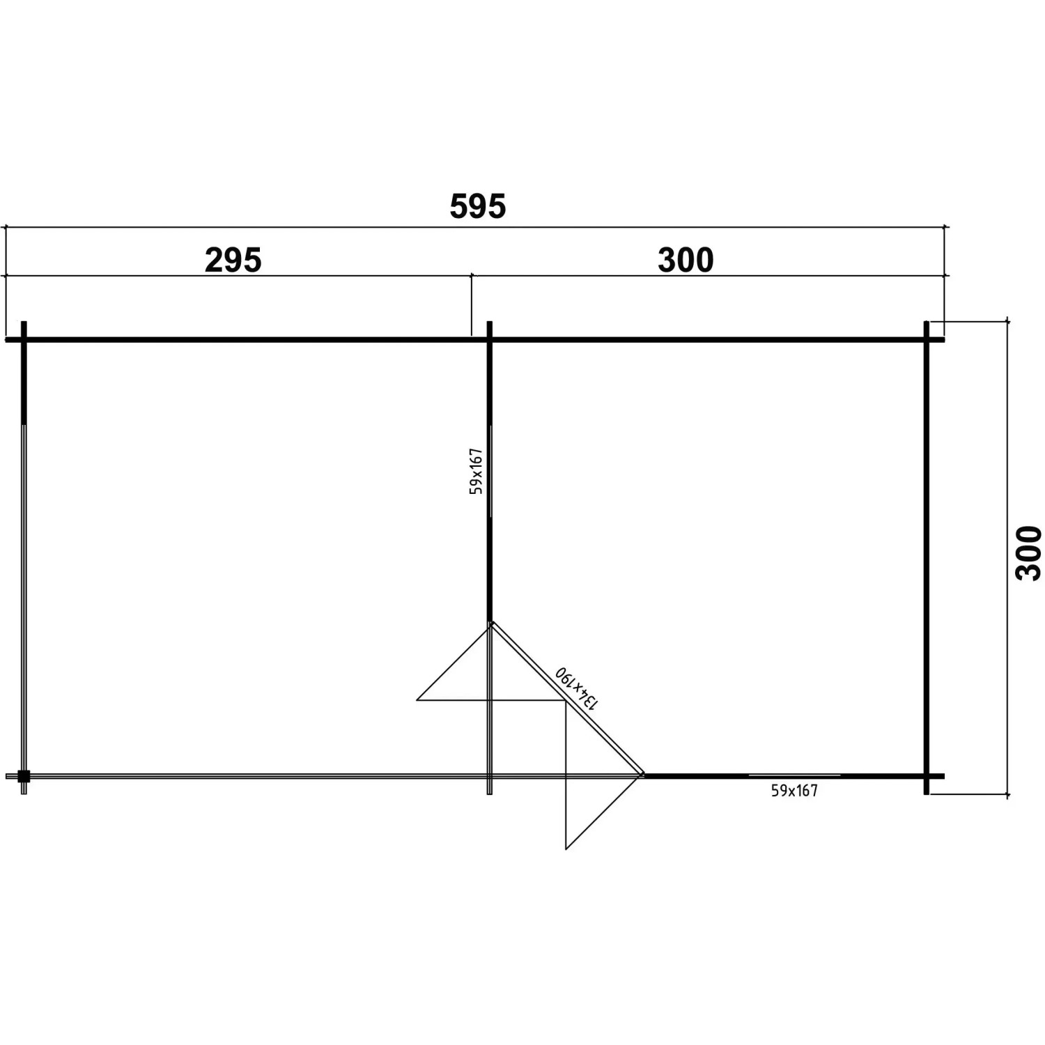 Grundriss Alpholz 5-Eck Gartenhaus Liwa, Walmdach, 575x274 cm, unbehandeltes Holz.