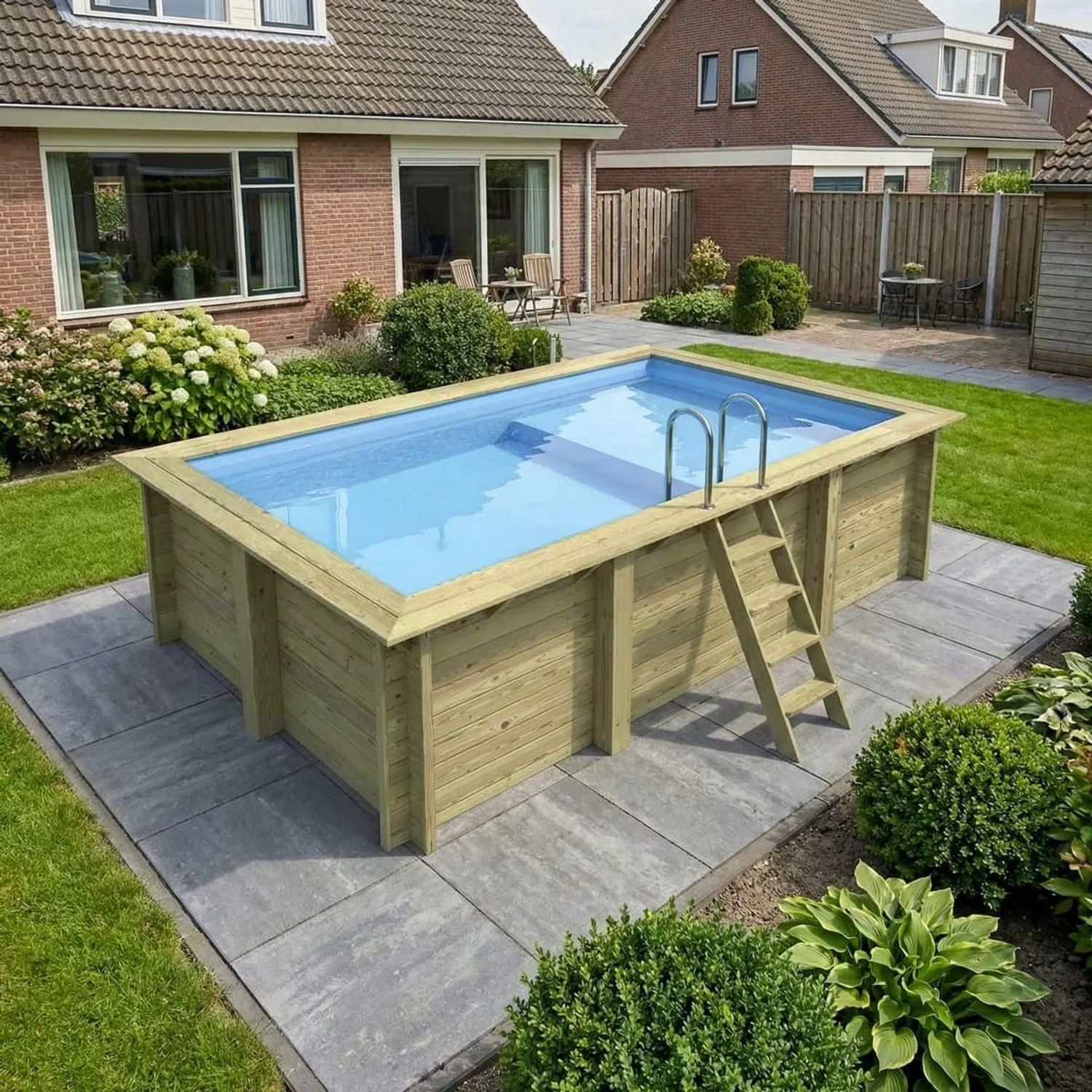 ALTANKA Holzpool Aqua 4,65x2,85 Höhe 1,24 m HELLBLAU mit Liegefläche mit Einzubetonierendem Profil BAS7306OSPI+PLA306_2