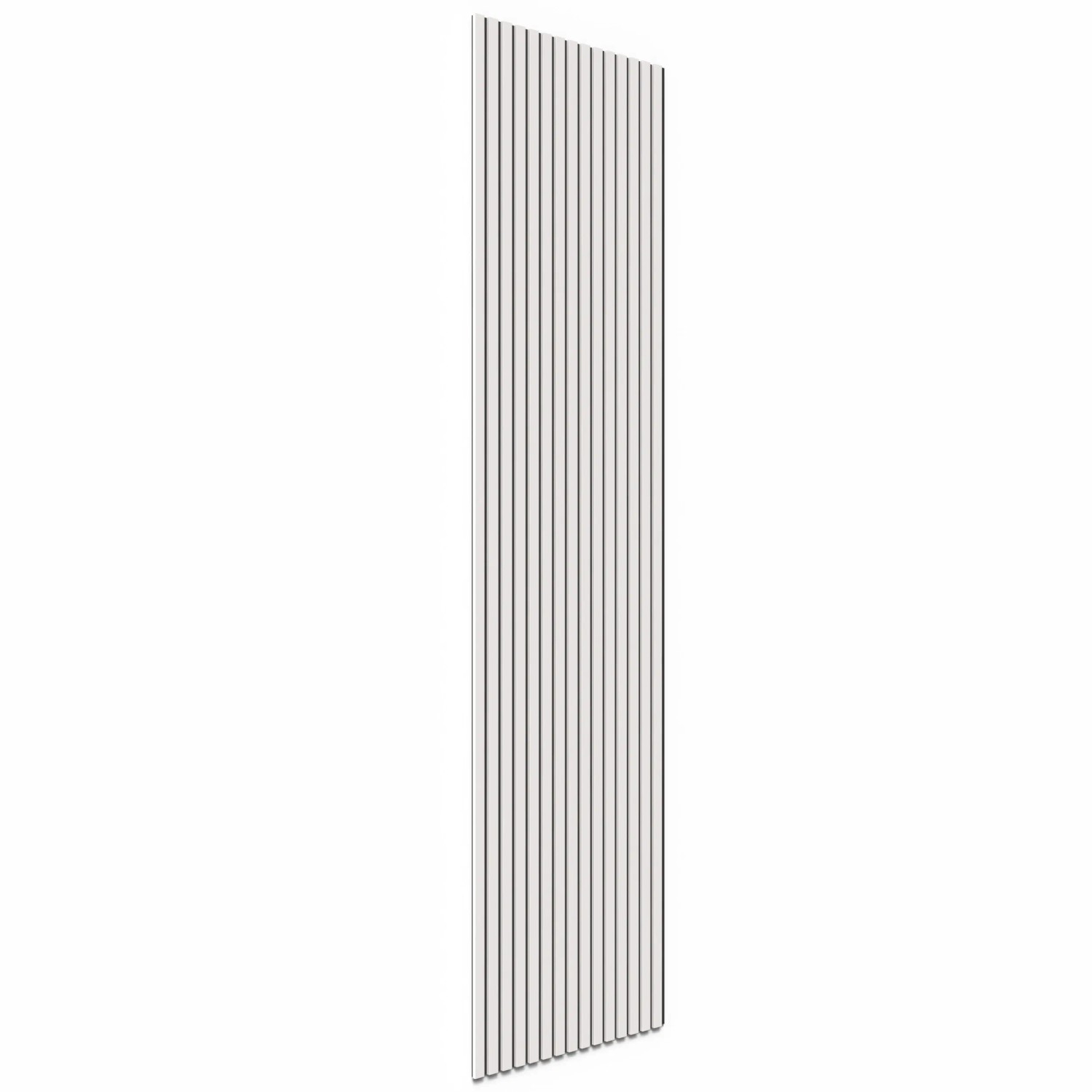 Weißes Akustikpaneel mit schwarzen Filzstreifen für Wand und Decke, 60x240 cm, zur Verbesserung der Raumakustik.