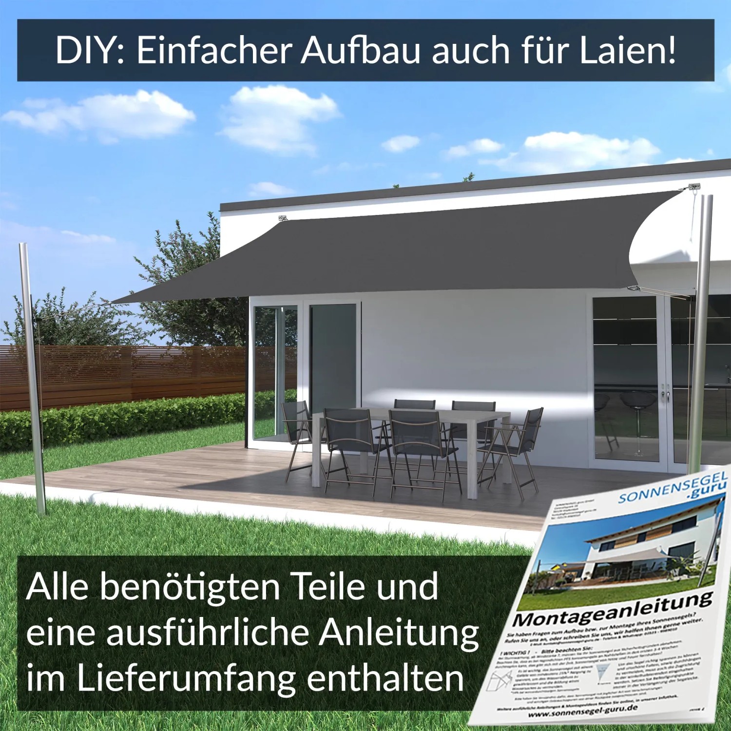 Anthrazit Sonnensegel Komplettset 4,5x3,5m mit Befestigung, Masten und Montageanleitung im Garten.