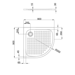 Technische Zeichnung der pianura Viertelkreis-Duschwanne Emilia 90x90 cm mit Antirutsch und Eckablauf.