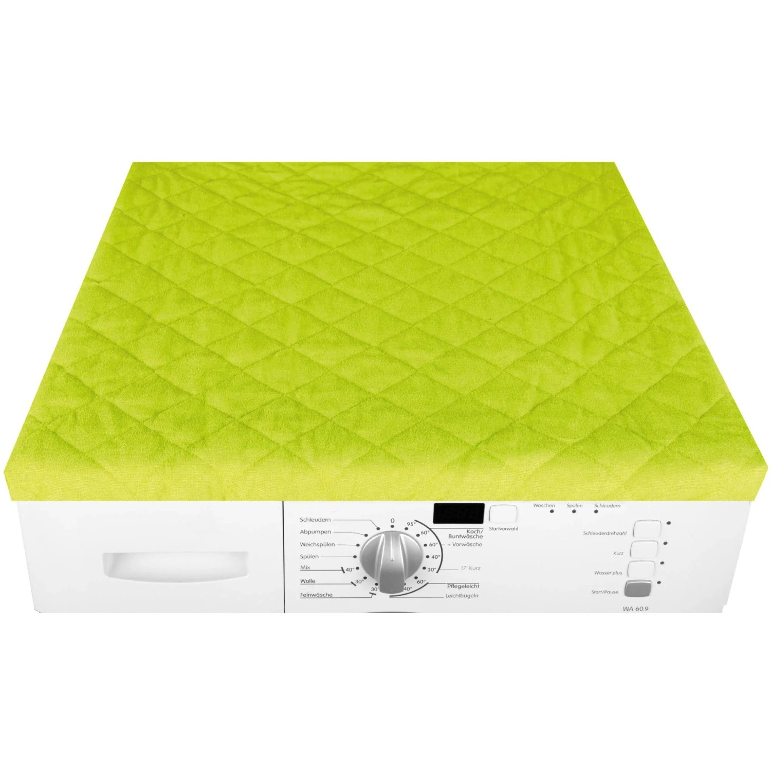 Grüner Bestlivings Waschmaschinenbezug 60x60 cm aus Frottee mit Rautensteppung auf einer Waschmaschine.