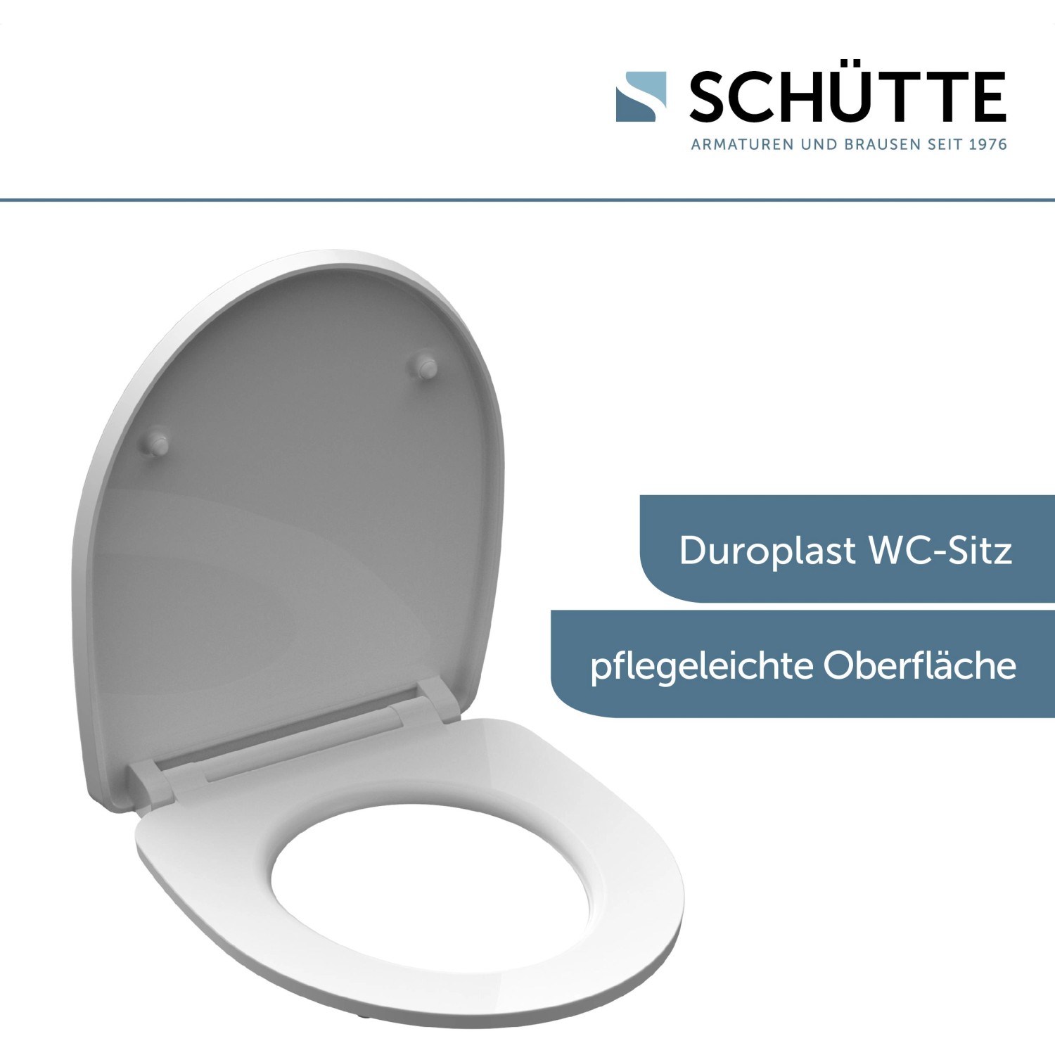 Weißer Schütte WC-Sitz aus Duroplast mit Absenkautomatik und Schnellverschluss.