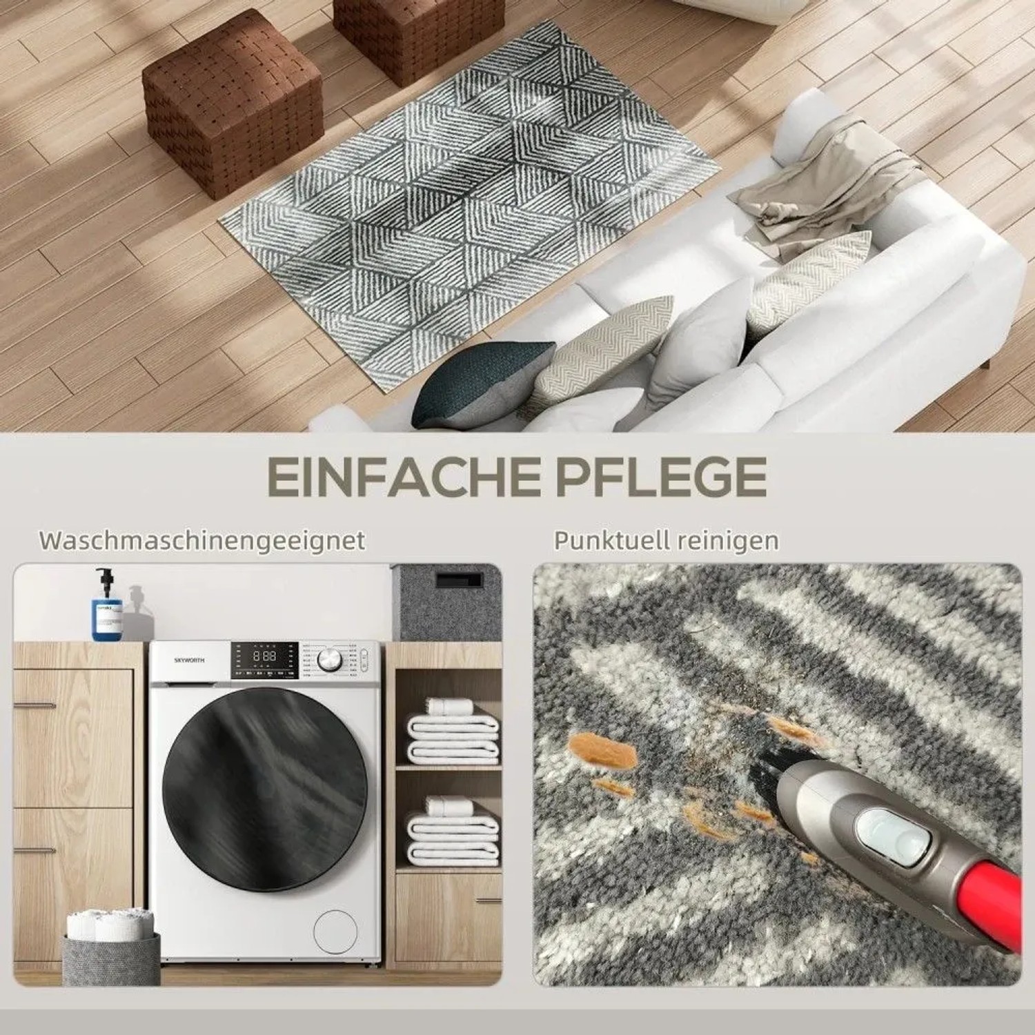 Moderner HOMCOM Kurzflor Wohnzimmerteppich mit geometrischem Muster. Zeigt Teppich im Raum und seine einfache Pflege: waschbar, Fleckenentfernung.
