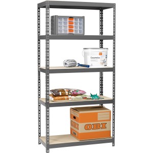 Graues Metall-Schwerlastregal mit 5 Böden, beladen mit Werkzeug, Farbe und Karton, 180x90x40 cm.