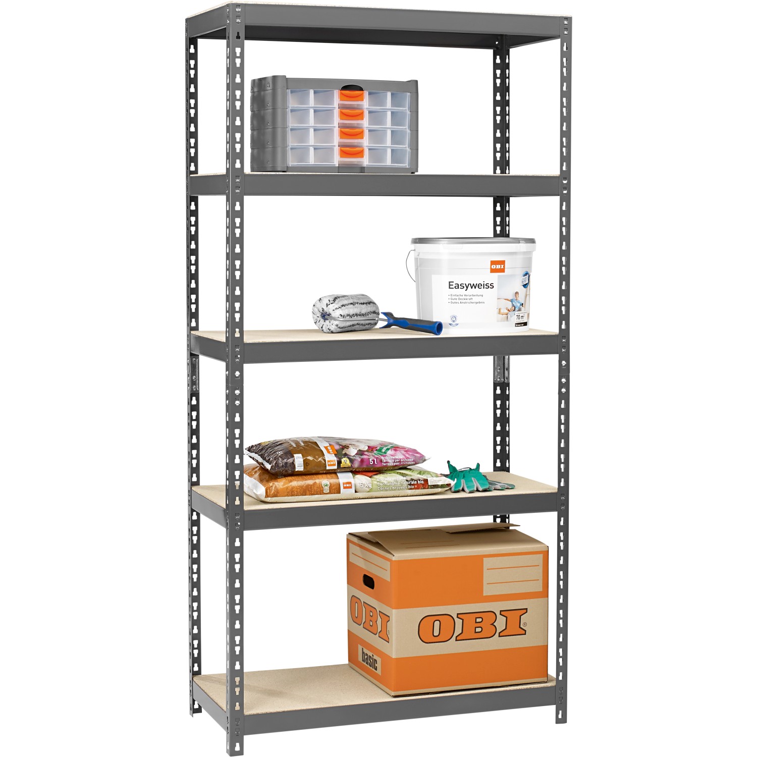 Graues Metall-Schwerlastregal mit 5 Böden, beladen mit Werkzeug, Farbe und Karton, 180x90x40 cm.