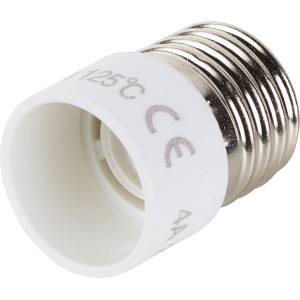 Adapter E27 auf E14 für Lampenfassung, weißer Kunststoff und Metallgewinde.