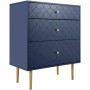 Marineblaue Schubladenkommode mit 3 Schubladen, Fischschuppenmuster, goldenen Griffen und Beinen. Wohnzimmerschrank.