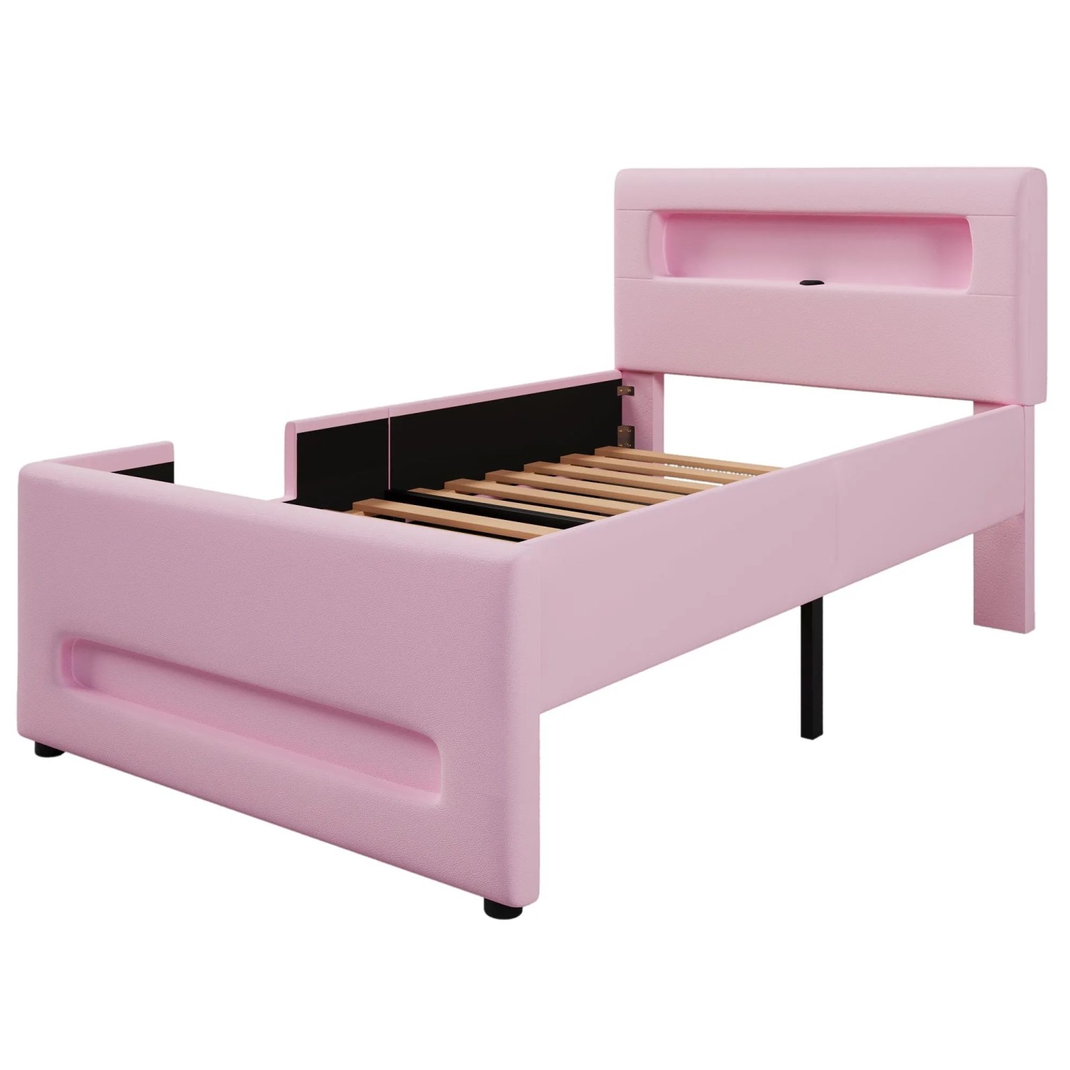 okwish Polsterbett 90x200cm mit Treppe Schubladen LED Kinderzimmer Rosa ohne Matratze