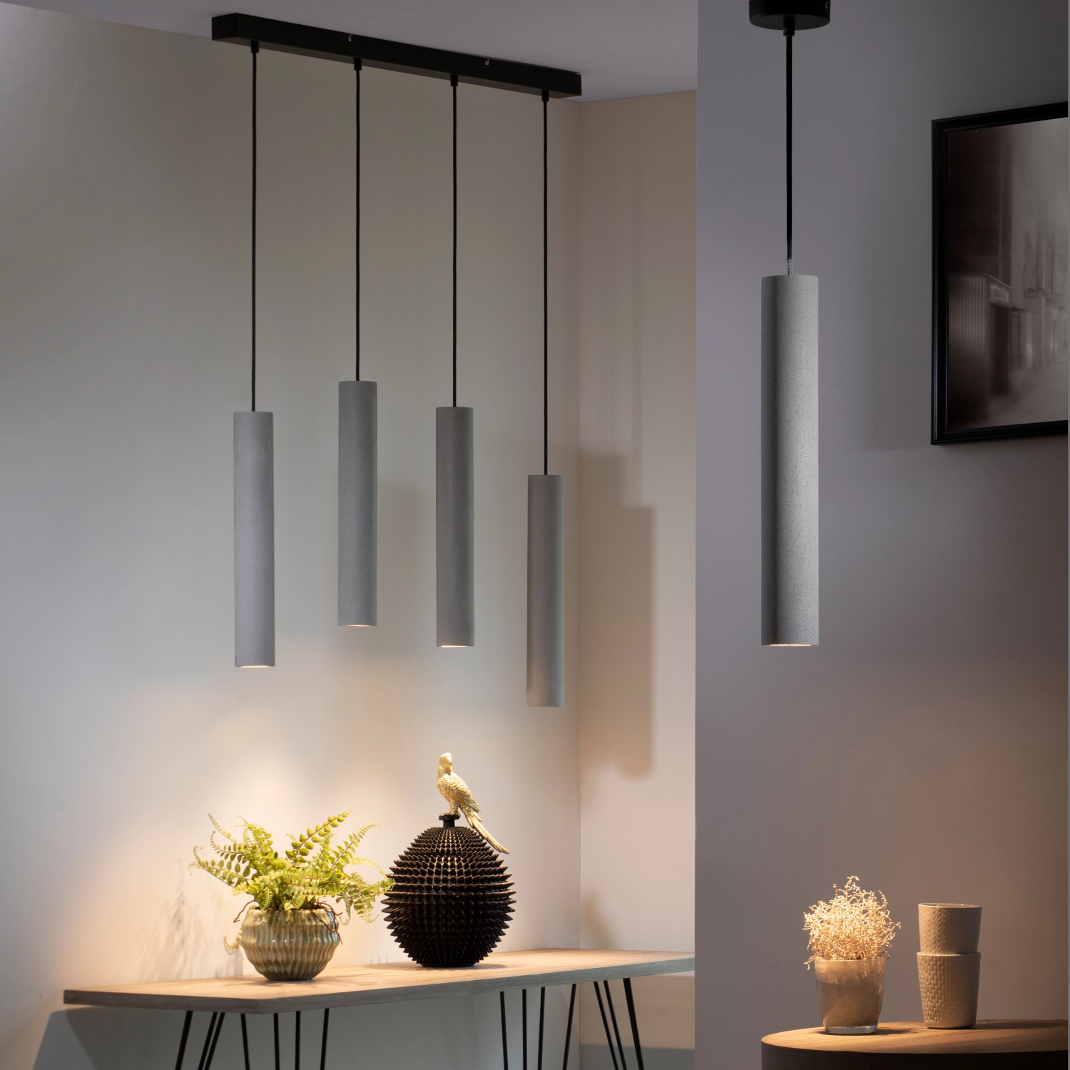 Moderne Paul Neuhaus Pendelleuchte Eton in Betonoptik, 4-flammig, für den Essbereich.