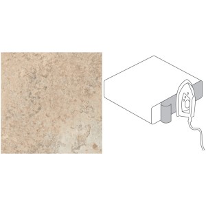 Kantenumleimer Jurakalk Beige (2 Stk.) mit Bügeleisen-Symbol zur Anbringung an Arbeitsplatte.