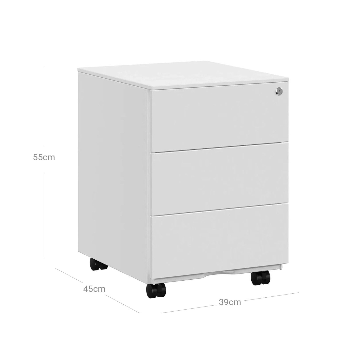 Weißer Songmics Aktenschrank mit 3 Schubladen und Rollen, 45,1x39x53,8 cm.