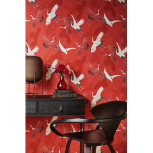 Rote Rasch Vliestapete mit Kranichmuster, Barbara Home Coll. III 560671, für dekorative Wandgestaltung.