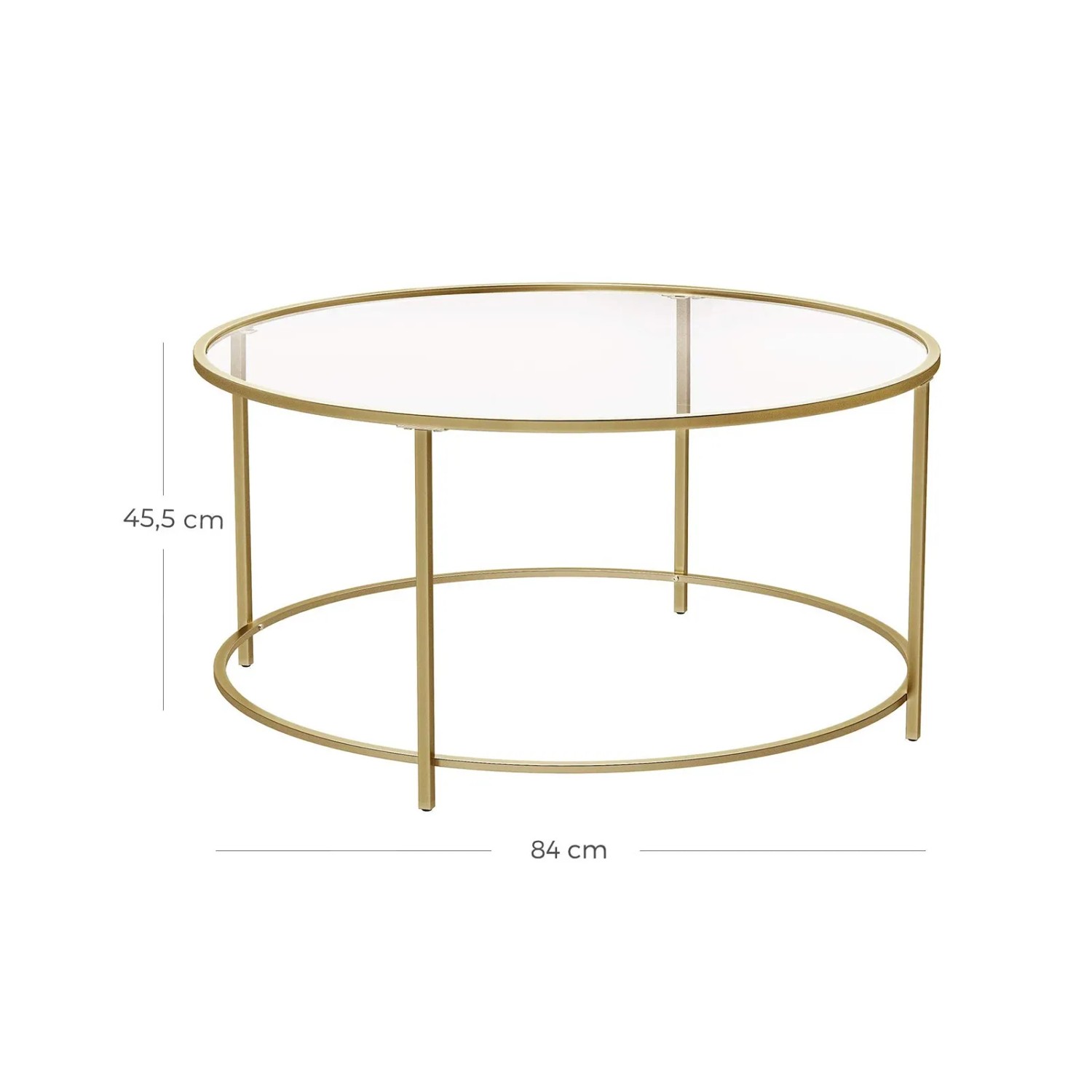 Vasagle Couchtisch mit Glasplatte, Ø 84 cm, goldener Stahlrahmen.