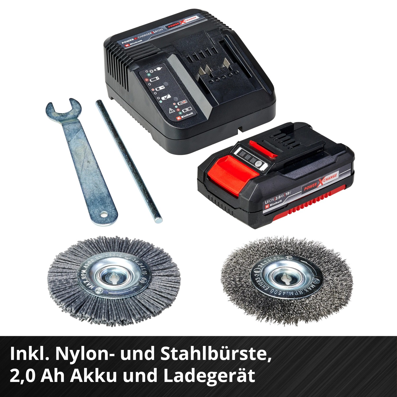 Einhell Akku-Fugenreiniger GC-CC 18 Li Kit: Akku, Ladegerät, Nylon- und Stahlbürste im Set.