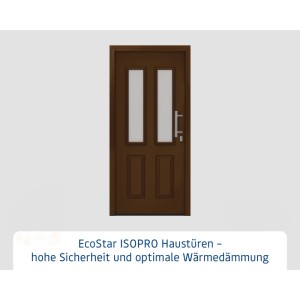 EcoStar Haustür IsoPro IP 410S in Terrabraun, Landhausstil. Mit satinierten Glaseinsätzen, Edelstahlgriff und Mehrfachverriegelung für hohe Sicherheit.