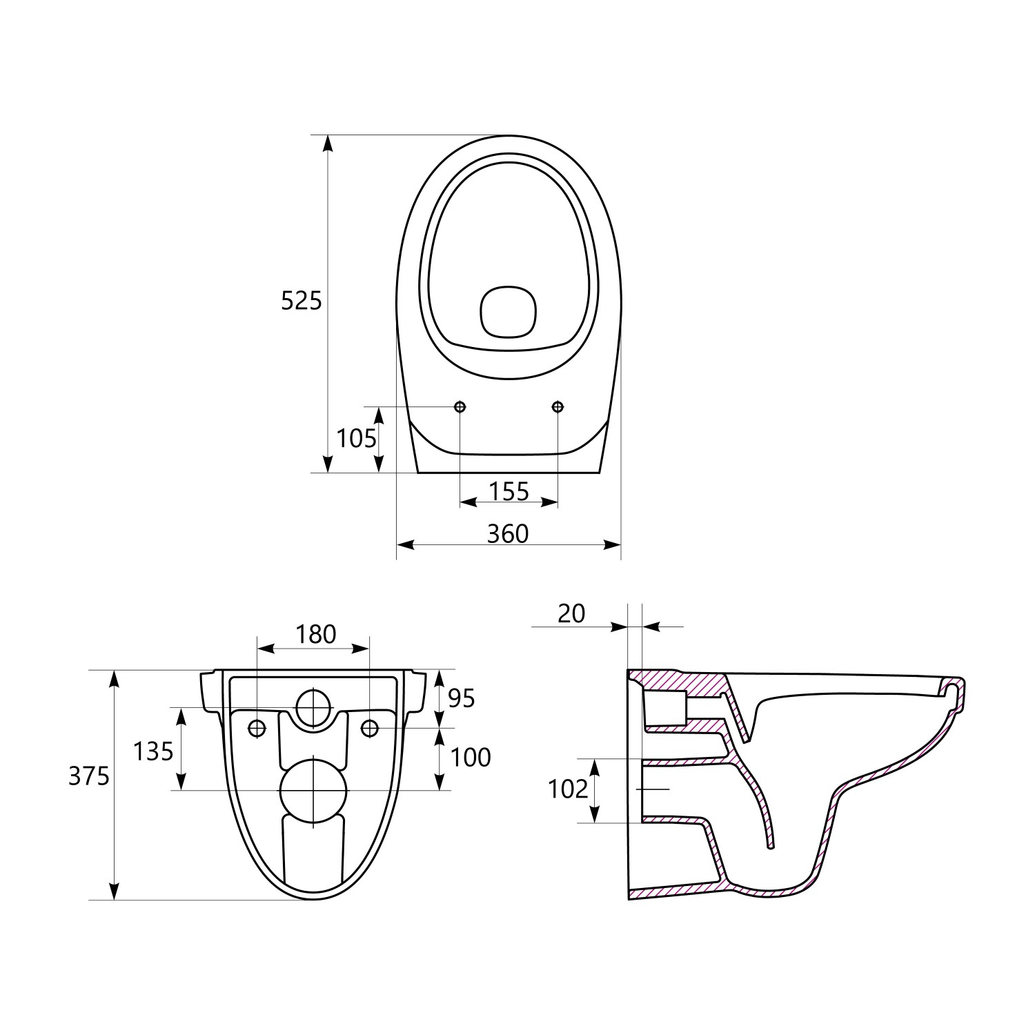 Technische Zeichnung Wand-WC Set Aberdeen von Baliv, Tiefspüler, spülrandlos, mit Maßen.