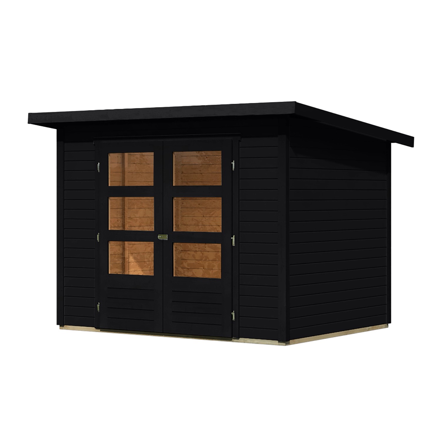 Schwarzes Karibu Gartenhaus Stockach 3 mit Doppeltür und Fenster
