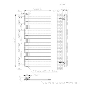 Technische Zeichnung AICA Badheizkörper Handtuchwärmer 104.2x50cm. Maße, Seitenanschluss und Wandmontage Details.