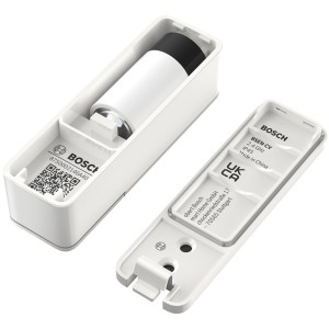 Bosch Smart Home Fenster-/Türsensor II Plus (2er-Set, weiß) mit Batterie und Gehäuse.