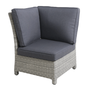 Royal Garden Bellver Eckelement des 7-tlg. Gartenmöbel-Sets aus grauem Polyrattan mit grauen Kissen.