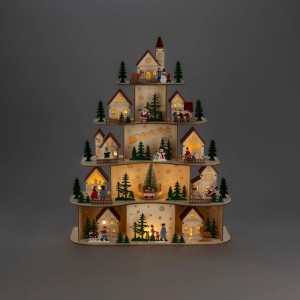 Konstsmide Holzsilhouette Weihnachtsdorf mit 5 beleuchteten Ebenen, Häusern, Figuren und 19 warmweißen LEDs für Innen.