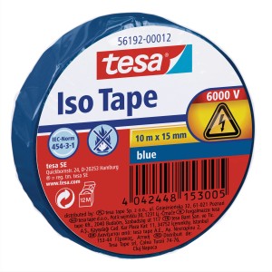 Blaues Tesa Iso Tape, 10m x 15mm, zum Isolieren elektrischer Leitungen.