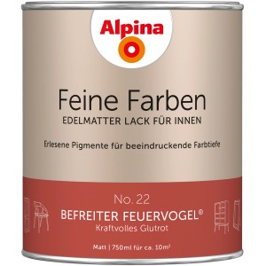 Alpina Feine Farben Lack No. 22 Befreiter Feuervogel®, edelmattes Rot für Innen, 750 ml Dose.