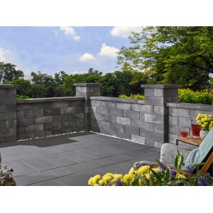 Kann Lindeza Mauer Halbstein in Vulkananthrazit: Moderne Gartenmauer aus Betonsteinen.