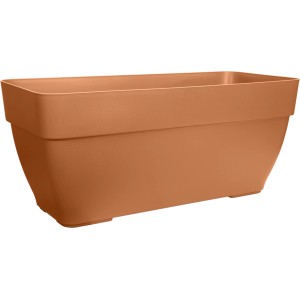 Rechteckiger, terra-farbener Elho Terrassentopf Vibia Campana, 80x33x35 cm, aus recyceltem Kunststoff.