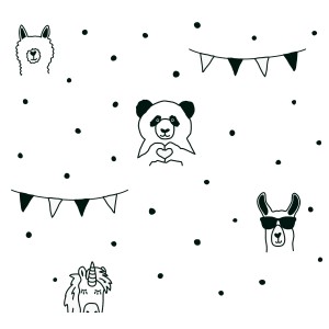 Vliestapete mit Tier-Motiven (Lama, Panda, Einhorn) in Schwarz-Weiß für das Kinderzimmer.
