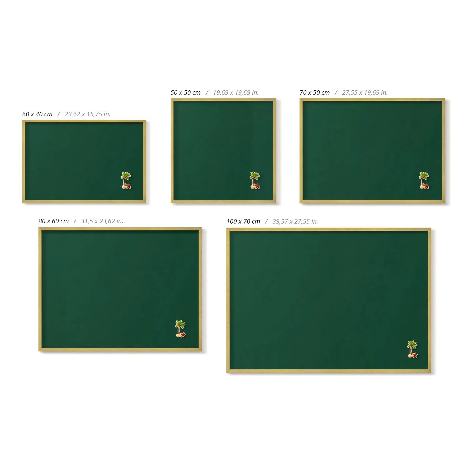 Dunkelgrüne Magnettafel mit Goldrahmen in verschiedenen Größen. Stilvolle Pinnwand aus Metall für Notizen an der Wand.