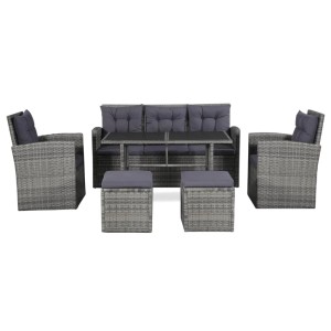 Graues 6-tlg. vidaXL Garten-Lounge-Set aus Rattan mit Sofa, Sesseln, Tisch und Hockern.