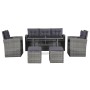Graues 6-tlg. vidaXL Garten-Lounge-Set aus Rattan mit Sofa, Sesseln, Tisch und Hockern.