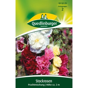 Quedlinburger Stockrosen Prachtmischung: Blumensamen mit farbenfrohen, gefüllten Blüten in Weiß, Rosa, Gelb und Rot.