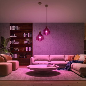 Wohnzimmer mit Philips Hue Bridge Pro Set, farbigen E27 Leuchtmitteln und Dimmer in Pinktönen.